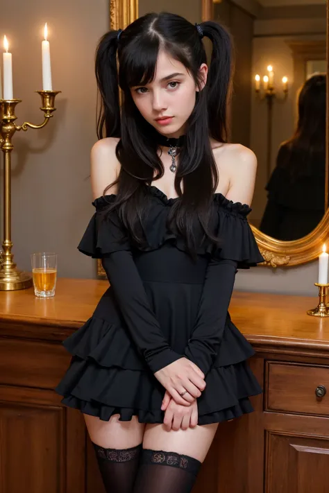 (night:1.3), dramatic candlelight, dark, cute skinny girl, (dynamic pose:1.3), petite, kawaii, slender, perfect symmetrical face, perfect hands, waifu, ultra cute face, ultra detailed eyes, ultra detailed hair, ultra cute, ultra beautiful, black hair, long...