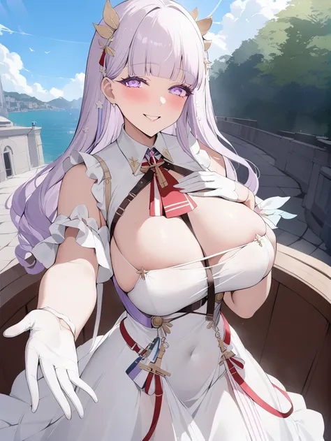 <lora:plymouth_XL_v1.0:1>,plymouth_(azur_lane),purple_eyes,hair_ornament,white_dress,white_gloves, smile,blue sky, outdoors,outstretched hand,hand on own chest, pov,, masterpiece, best quality,