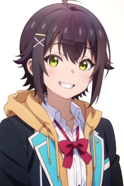 solo, 1girl, looking at viewer, 2D, anime, anime coloring, upper body, (solid white background:1.3), <lora:kei-yumedanshi:0.8>, kei ashida, blazer, hoodie, school uniform, smile, grin