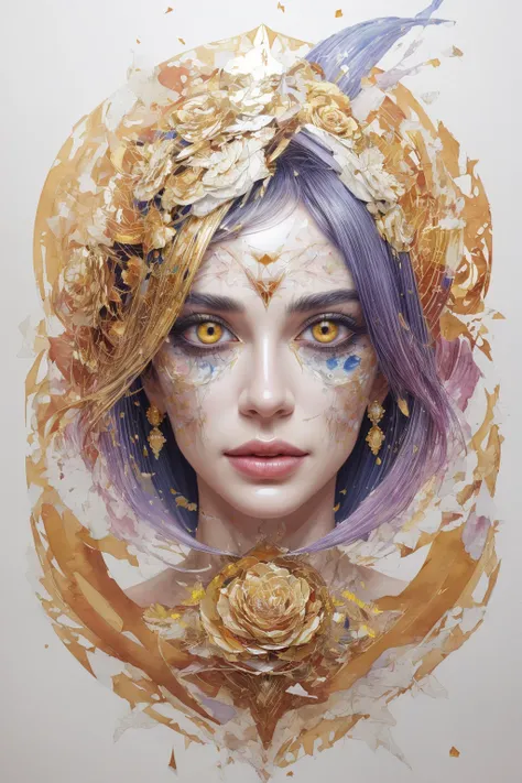 An abstract geometrical painting of a breathtaking womans face, golden and white roses, detailed symmetric circular iris, shattered paper fragments, intricate complex watercolor painting, color explosion, ink drip, volumetric lighting, metallic reflections...