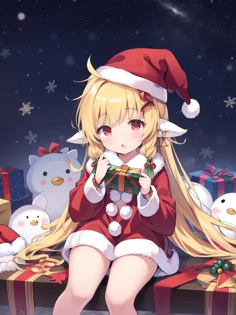 <lora:Mahira:0.8>,Mahira, 1girl, solo,  harvin, long hair, blonde hair, red eyes, hair ornament, bangs, very long hair, animal ears, feather hair ornament, jewelry, pointy ears, blush, 
Christmas, SantaClaus, hat, night, starry sky, sitting,
masterpiece, h...