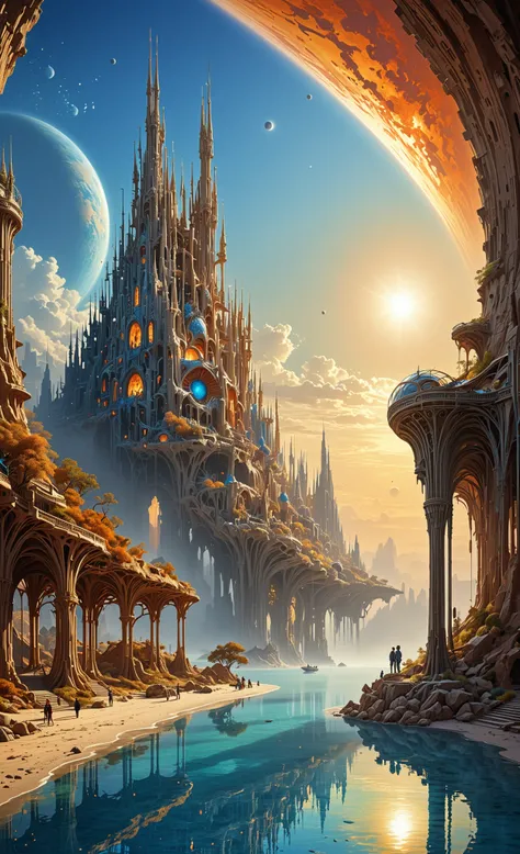 art by Angus McKie and Antoni Gaudi, extreme beautiful dissolved oil painting in the style on detailed hyperrealism, amazing alien worlds in the distance planet, (retro buildings:1.3) made of reflective metal, ray traced reflections, flying creatures, sola...