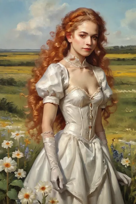 score_9, score_8_up, score_7_up, oil painting, traditional media, realistic, 1girl, solo, long hair, curly hair, wavy hair, orange hair, orange eyes, looking at viewer, breasts, dress, white dress, puffy sleeves, puffy short sleeves, short sleeves, gloves,...