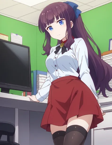 score_9, score_8_up, score_7_up, source_anime,
hifumitakemoto, <lora:hifumi-takimoto-ponyxl-lora-nochekaiser:1>,
hifumi takemoto, long hair, bangs, blue eyes, bow, ponytail, purple hair, hair bow,
skirt, shirt, thighhighs, white shirt, black thighhighs, re...