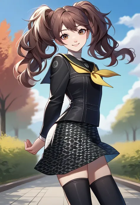 score_9, score_8_up, score_7_up, source_anime, solo, 1girl, kujikawadef, smile, looking at viewer, arms behind back, twintails, yasogami school uniform, black serafuku, yellow neckerchief, long black sleeves, black skirt, houndstooth, black thighhighs, out...