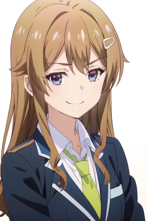 solo, 1girl, looking at viewer, 2D, anime, anime coloring, upper body, (solid white background:1.3), <lora:kaede-yumedanshi:0.8>, kaede sajou, blazer, necktie, school uniform, smirk, smile