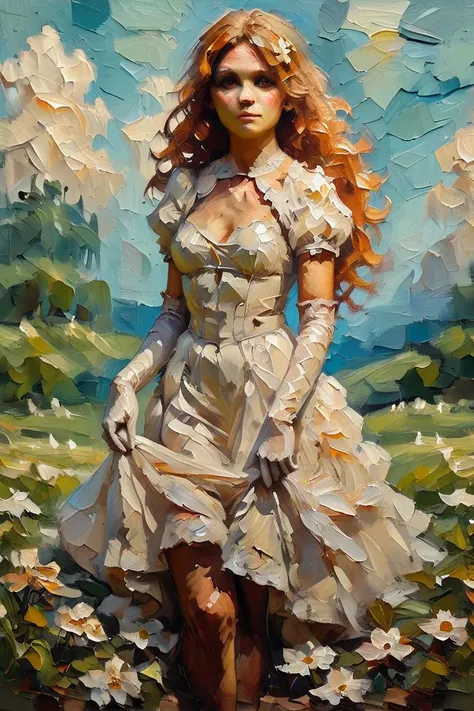 score_9, score_8_up, score_7_up, oil painting, traditional media, realistic, 1girl, solo, long hair, curly hair, wavy hair, orange hair, orange eyes, looking at viewer, breasts, dress, white dress, puffy sleeves, puffy short sleeves, short sleeves, gloves,...