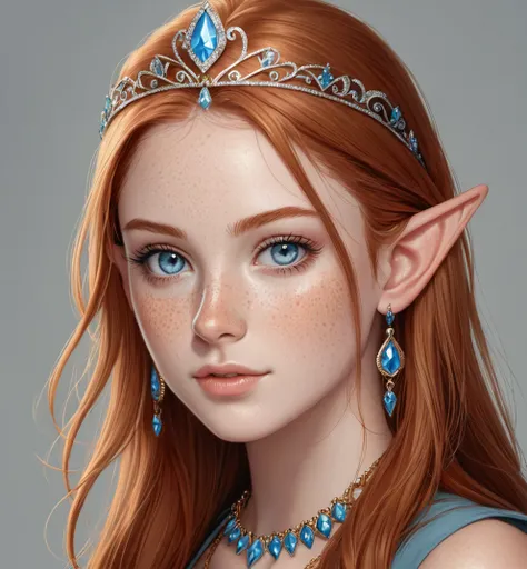 1girl,  artist name, blue eyes, earrings, elf, freckles, grey background, jewelry, long hair, looking at viewer, mole, necklace, nose, piercing, pointy ears, realistic, solo, tiara, upper body, web address