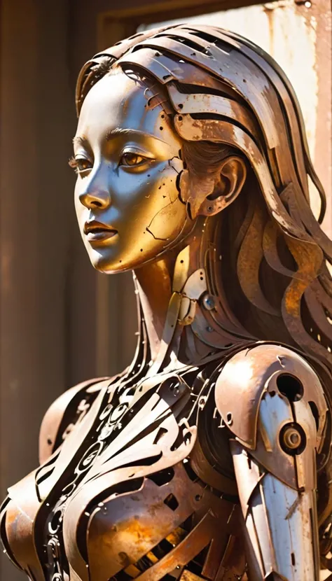 <lora:xl-shanbailing-1203metal element-000010:0.9>,bailing_metal,a girl made of worn-out metal,Create a hyper-realistic digital painting of the Venus de Milo reimagined as an advanced robot,exuding a dramatic and sorrowful aura. Her robotic form is crafted...