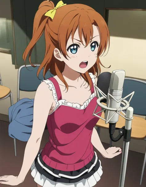 1girl,solo,
kousaka honoka, love live!,blue eyes,
casual wear,skirt,
<lora:voiceactorXL2:0.8>,voiceactor,
angry,open mouth,
studio microphone,microphone stand,recording studio,holding book,folding chair,
masterpiece, best quality, ultra detailed, highres,4...