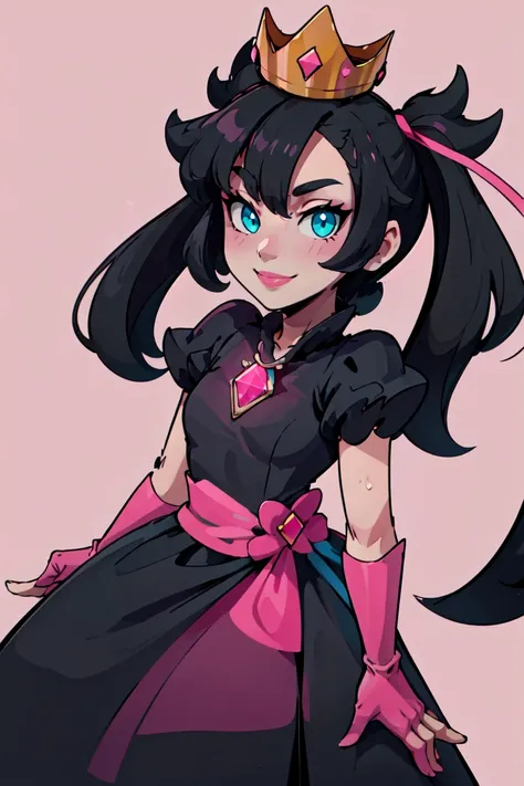 <lora:Alola_Style:0.3>, flat colors, 
((masterpiece,best quality)), absurdres, <lora:ShadowQueenMarnie_v2:0.8>,   ShadowQueenMarnie, black hair, pigtails, asymmetric bangs, solo, smile, crown,  black dress,  pink gemstone, pink gloves, pink waist ribbon, p...