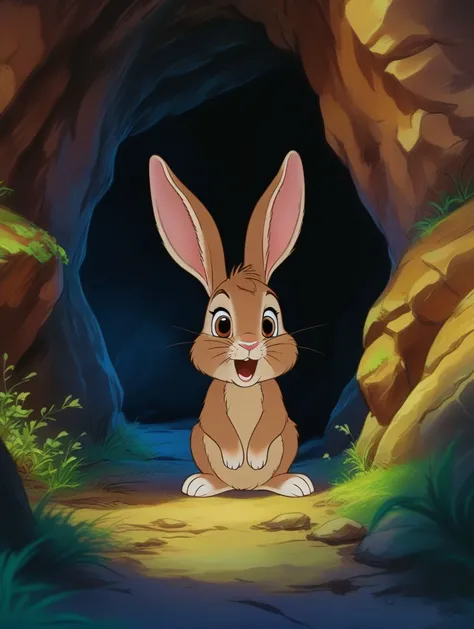 a cute little rabbit is at the entrance of the cave,cartoon,<lora:J_cartoon:0.8>,j_cartoon,