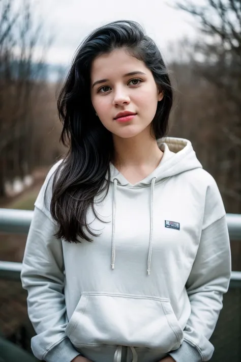 photo of beautiful (V10l4W3b3r-140:0.99), a woman, perfect hair, serious look, (modern photo), wearing hoodie and sweatpants, portrait, 85mm, (analog, cinematic, film grain:1.3), (__advancedWildcardsScienceFictionKit_v10/advanced-science-fiction-locations_...