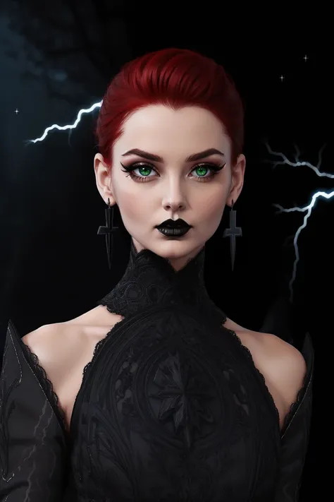 upper body, woman, red hair, wearing HUD_Evl_Que3n_2, intricate carved black dress, earrings, <lora:Evil_Queens_Sister-000009:0.65>, (The Enchanted Forest:1.2), (((Mystical)), evil, eyeliner, black lips, dark skies, lightning