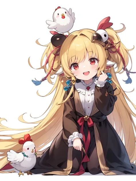 <lora:Mahira:0.8>,Mahira, 1girl, long hair, blonde hair, bird, chicken, looking at viewer, solo, white background, open mouth, harvin, blush, hair ornament, animal ears, dress, simple background, long sleeves, hair beads, red eyes, beads, smile, bangs, ver...