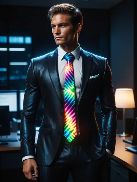 man wearing a glowing mad-glowtiedye necktie and white shirt and black suit in office , dynamic pose , night, dynamic pose<lora:Glowing_Tiedye_SDXL:0.6>, (masterpiece:1.2), best quality, (hyperdetailed, highest detailed:1.2), high resolution textures