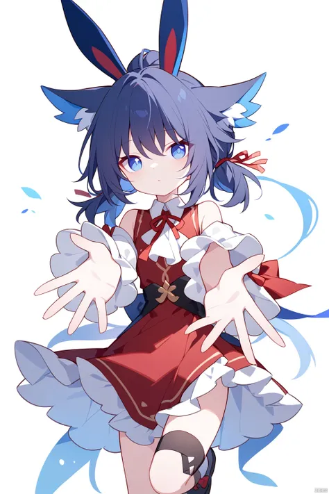 1girl, Best quality, genshin,Touhou Project,Honkai StarRail, ((quan (kurisu tina))),(portrait),year 2023, blue hair, white background, open hand, rabbit girl, parody, blue eyes, dress, fox ears, fine art parody, outstretched hand, long sleeves, black footw...