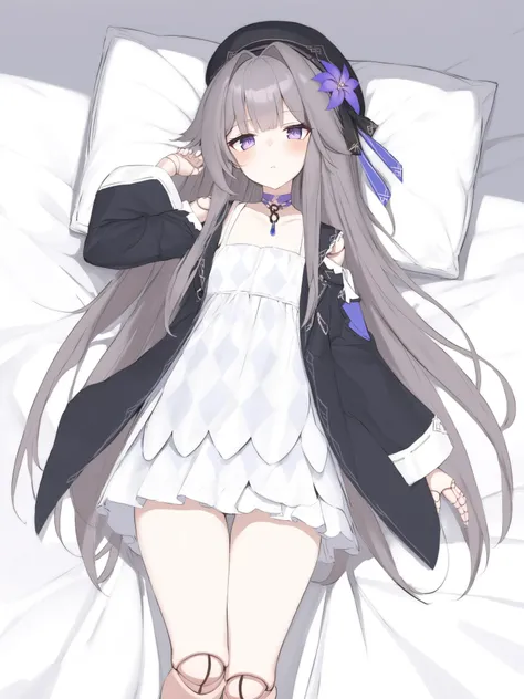 <lora:xl_herta(kohaku_Delta):1>,herta is a girl with gray long hair purple eyes,1girl,solo,doll joints,on back,white dress,blush,pillow,parted lips,black headwear,looking at viewer,bed sheet,beret,wide sleeves,black jacket,choker,thighs,hand up,white headw...