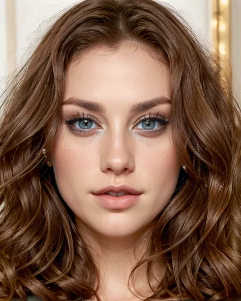 a close up of a woman with long brown hair and blue eyes