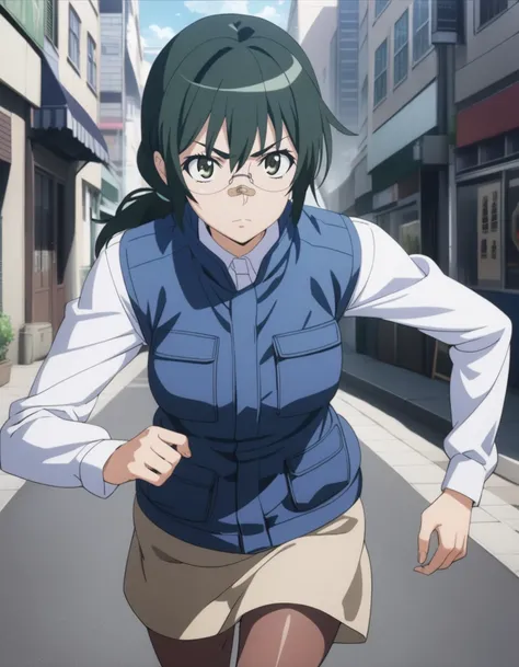 1girl,
<lora:tessoutsuzuriXL1:0.8>,tessoutsuzuri,
green eyes,green hair,low ponytail,glasses,
pantyhose,vest,long sleeves, skirt,
bandaid on nose,
serious,
street,
run,
cowboy shot,
masterpiece, best quality, ultra detailed, highres,4k,(ultra-detailed:1.4)...