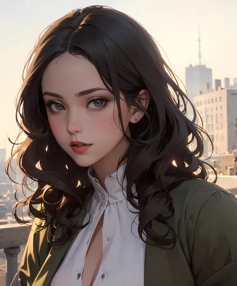 (masterpiece, top quality, best quality, official art, beautiful and aesthetic:1.2),
1girl, adult woman,
close up shot ,
leaning left  ,
brown hair , long curly hair ,
medium breasts, 
sexy ,
medieval clothes ,
lips closed, subtle lipstick, 
cute facial ex...