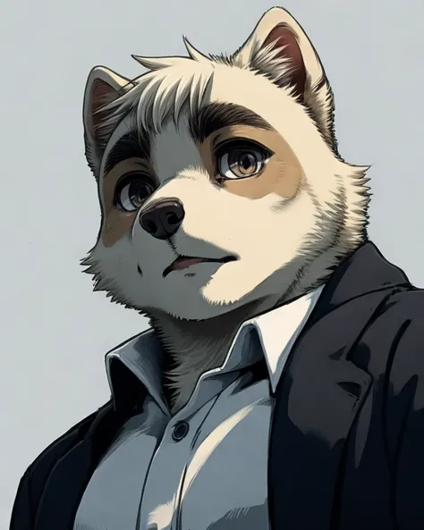 solo, anai, <lora:anai:1>
anthro, chubby
male, clothed
bust portrait, simple background, low-angle view
detailed anime kemono