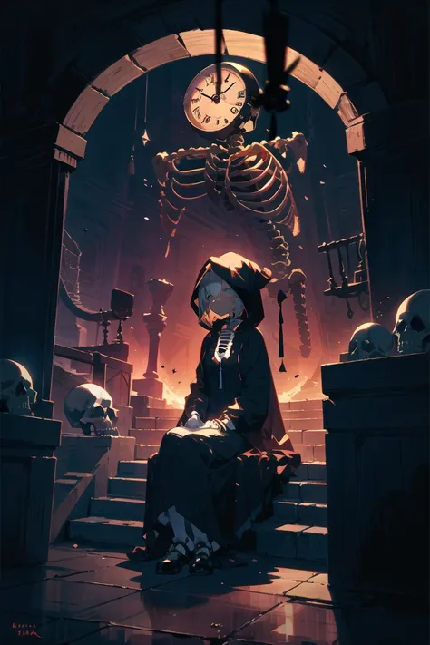 sitting on stair, mature, crimson hair,  asymmetrical hair,             lovely medium small breasts,  (skeleton girl), (hooded clock), black clothes,  dark aura, dust, black particles, (fog), underground city,