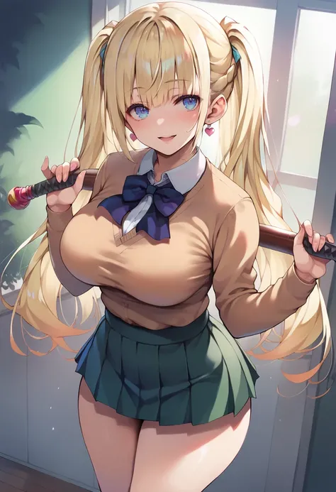 score_9, score_8_up, score_7_up, source_anime,1girl, bangs, blonde hair, blush, breasts, earrings, holding weapon, large breasts, long hair, looking at viewer, multicolored hair, open mouth, parted lips, school uniform, smile, standing, thick thighs, twint...