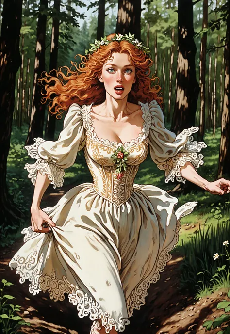 Dvd screengrab, from 1985 dark fantasy film, vintage style art, "pammy", ginger woman in a ornate wedding dress running through the woods, wild russian woods, seen from afar, organic physical movement, in motion, high detail, realsitic shadow