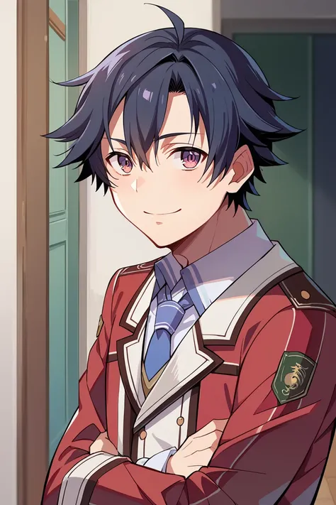 score_9, score_8_up, score_7_up, score_6_up, source_anime, BREAK 1boy, solo <lora:rean-pdxl-nvwls-v1-000006:1> sen1rean, black hair, school uniform, red blazer, necktie, black pants, looking at viewer, happy, upper body, hallway, school building