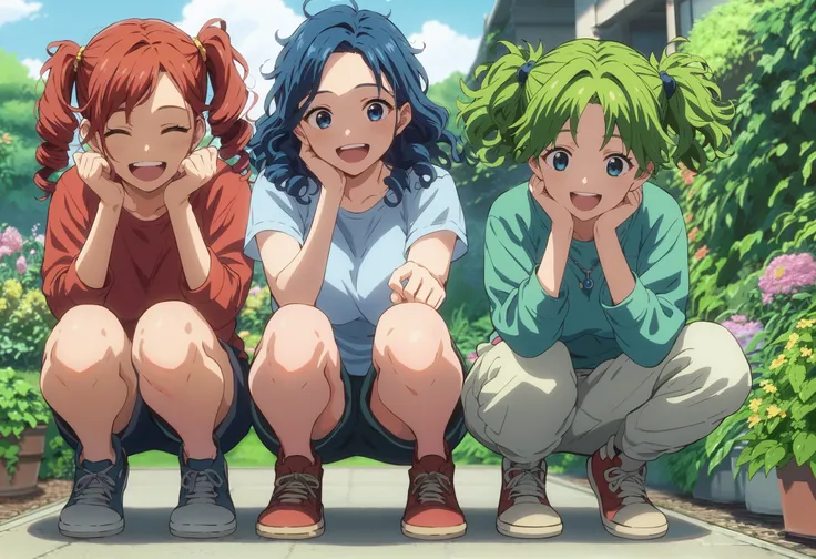 score_9,score_8_up,score_7_up,score_6_up,source_anime,anime screencap,<lora:CoMix_BGXL_V2:1>,front view,3girls,laughing,happy,smile,blue hair,red hair,green hair,blue eyes,brown eyes,straight hair,parted bangs,twintails,very long hair,large breasts,curly h...