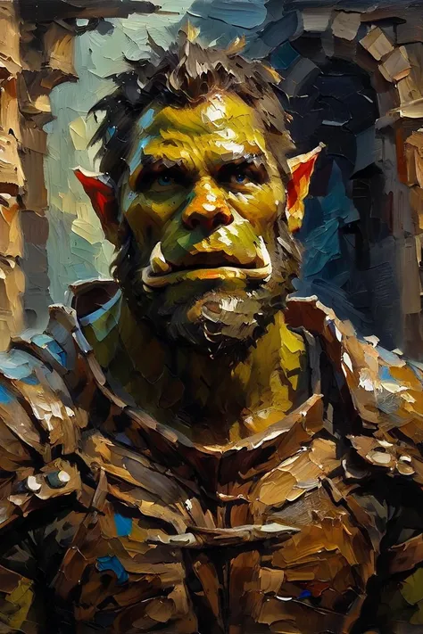 score_9, score_8_up, score_7_up, oil painting, traditional media, realistic, 1boy, solo, male focus, mature male, orc, green skin, tusks, blue eyes, short hair, black hair, facial hair, beard, mustache, looking at viewer, armor, shoulder armor, breastplate...