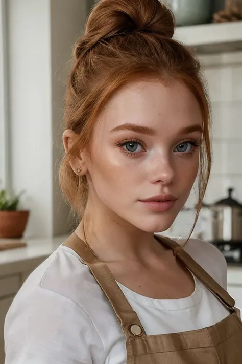 headshot of S352_AbigailCowen,a stunning woman,in a (kitchen:1.1),wearing an (apron:1.1),(hair-bun),(4k, RAW photo, best quality, depth of field, ultra high res:1.1),(absurdres, intricate, photorealistic, masterpiece, ultra-detailed:1.1),