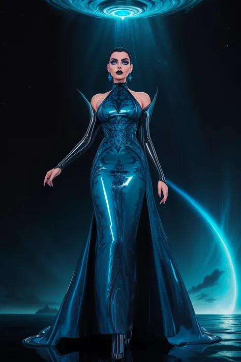 portrait, woman, platinum blonde hair, wearing HUD_Evl_Que3n_2, dress, earrings, <lora:Evil_Queens_Sister-000009:0.65> , (Atlantis: A lost city of great wisdom and power, now drowned beneath the sea:1.2), (((Mystical)), Dark Elegance, Glossy ((latex ballgo...