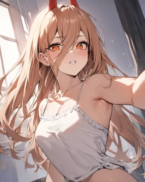 best quality, masterpiece, <lora:power:1>ï¼looking_at_viewer, cross-shaped_pupils, highres, sunbeam, solo, 1girl, white_camisole, power_(chainsaw_man)