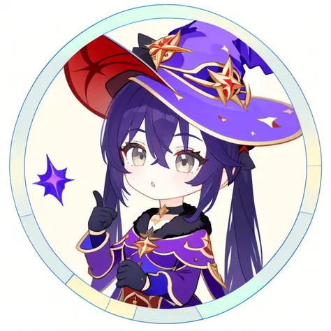 <lora:Ath_circle-frame:1>,circle-frame, 1girl, mona (genshin impact), hat, solo, witch hat, twintails, long hair, gloves, grey eyes, chibi, bangs, hair between eyes, sidelocks, black gloves, pointing, purple hair, :o, hat ornament, choker, black hair, long...