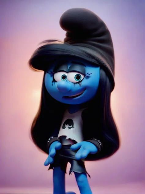 <lora:Smurfette:0.7> sm_tte, 1girl, blue skin, black hair, black hat, amazing body, goth makeup, sexy hot goth rippered torn clothes,, score_9, score_8_up, score_7_up,