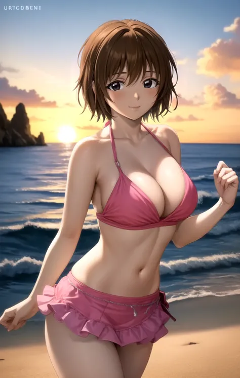 masterpiece, best quality, best aesthetic, anime, ultra detailed, mao_miko, aerith_ff7r_bikini, 1girl, solo, (pink bikini, frilled bikini:1.2), (bikini skirt, short skirt:1.2), (pink skirt:1.2), frills, (large breasts:1.2), wide hips:1.2), (short hair, bro...