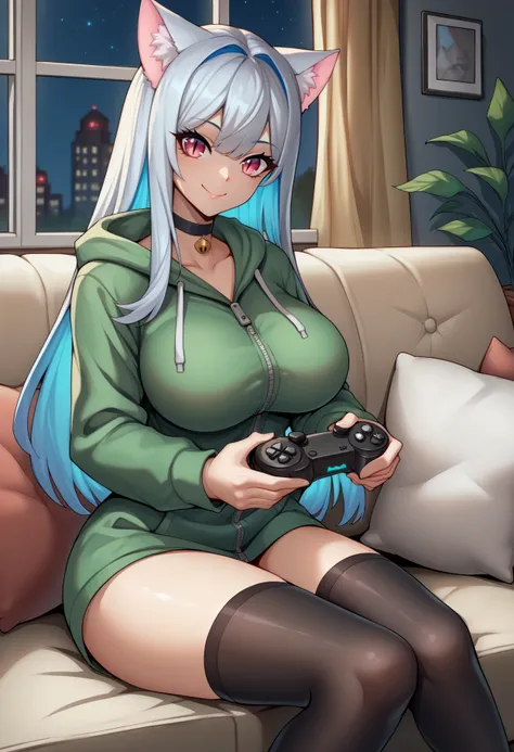 score_9, score_8_up, score_7_up, score_6_up, source_anime, BREAK cowboy shot, night, indoors, couch, pillow, window, 1girl, long hair, silver hair, colored inner hair, blue hair, cat girl, slit pupils, pink eyes, hoodie, zipper, choker, large breasts, blac...