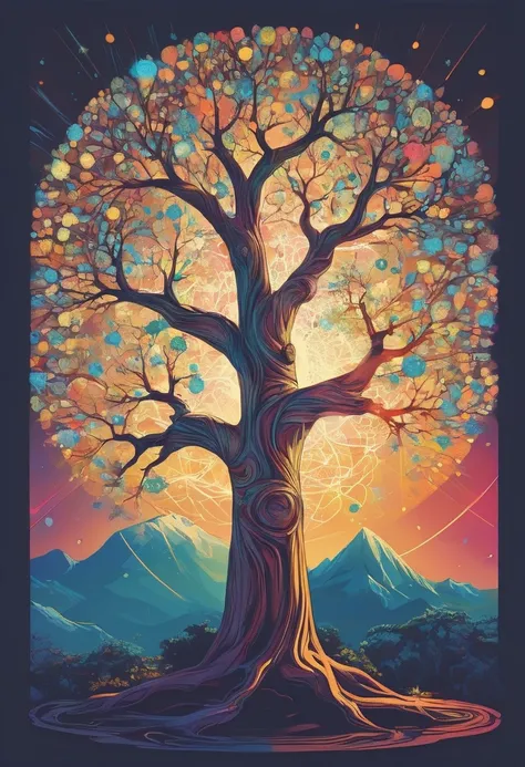 vector illustration tree of knowledge luminescent and magnificent sparkle and magical radiance flat bold colors and elegant varied-width linework