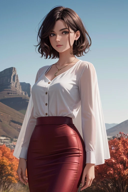 masterpiece,ultra realistic,32k,extremely detailed CG unity 8k wallpaper, best quality,(autumn day ),lady ,necklace ,eardrop, Cape Town, South Africa, ( Fuchsia Wear a pencil skirt with a silk blouse ) , gradient hair hair short hair ,