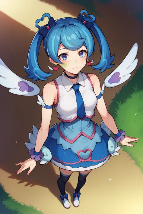 score_9,score_8_up,score_7_up,score_6_up,score_5_up,score_4_up, source_anime, aaangel, twintails, blue hair, hair bow, blue bow, blue eyes, facial mark, heart earrings, wings, heart, choker, blue necktie, sleeveless shirt, white shirt, arm strap, blue skir...