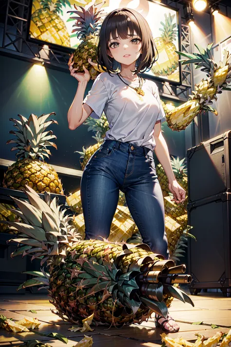 <lora:PineappleWorld:1> (PineappleWorld:1.1) 1woman (sexy skinny brunette:1.2) (shirt and jeans:1.1) (rock concert:1.4)