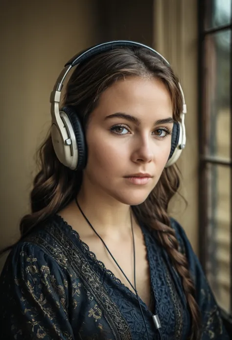 Jane Eyre with headphones, natural skin texture, 24mm, 4k textures, soft cinematic light, adobe lightroom, photolab, hdr, intricate, elegant, highly detailed, sharp focus, ((((cinematic look)))), soothing tones, insane details, intricate details, hyperdeta...