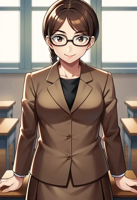 score_9, score_8_up, score_7_up, source_anime BREAK 1girl, solo,  classroom, smile, looking at viewer,  <lora:zs_UsamiXL:1> usamip5, brown hair, brown eyes, braid, glasses, blazer, skirt