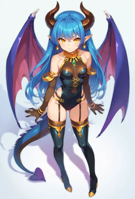 score_9, score_8_up, score_7_up, score_6_up, score_5_up, score_4_up, source anime, dragon girl, 1girl, tail, long hair, pointy ears, wings, horns, blue hair, yellow eyes, looking at viewer, boots, solo, shiny clothes, from above, high heel boots, earrings,...