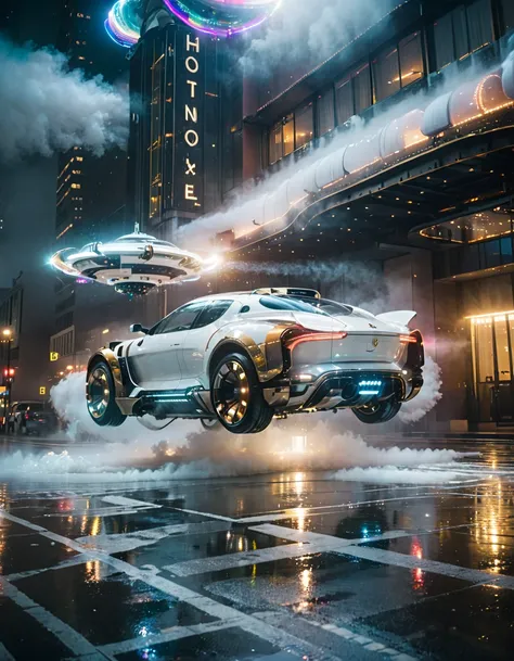 shine colorful,analog photo,glowing particle, white and brass science fiction hovering industrial luxury car by a downtown hotel, science fiction, cinematic lighting, night time, volumetric light, imax, dslr, highly detailed, volumetric fog, dystopian vibe...