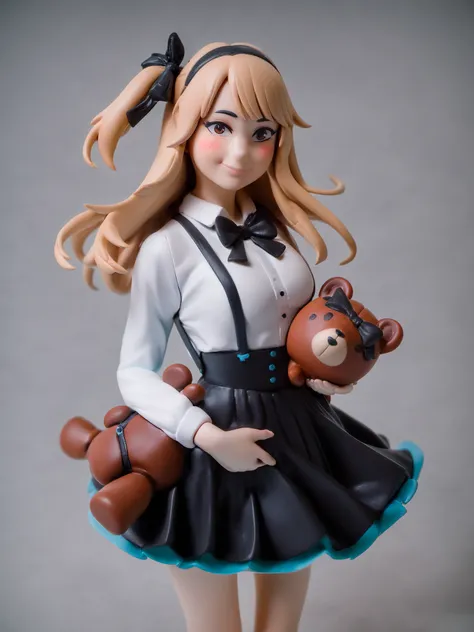 <lora:xl_figure style(kohaku_Delta)6:1>,figure style,photorealistic,photo (medium),1girl,stuffed toy,solo,stuffed animal,teddy bear,long hair,skirt,shirt,brown eyes,suspender skirt,suspenders,bow,looking at viewer,long sleeves,black skirt,bowtie,white shir...