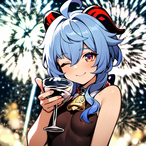 <lora:xl_The Great Gatsby Toasting meme(a3):1>,solo,cup,drinking glass,fireworks,wine glass,one eye closed,smile,alcohol,holding,looking at viewer,upper body,holding cup,ganyu (genshin impact),, masterpiece,best quality,