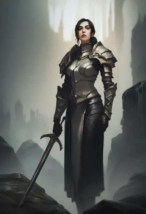 score_9, score_8_up, score_7_up, score_6_up, score_5_up, score_4_up, mature knight commander woman standing in front of ruined castle with her hands resting on a sword planted into the ground, concept art, moody, dark, fantasy, medieval, armored woman, sol...